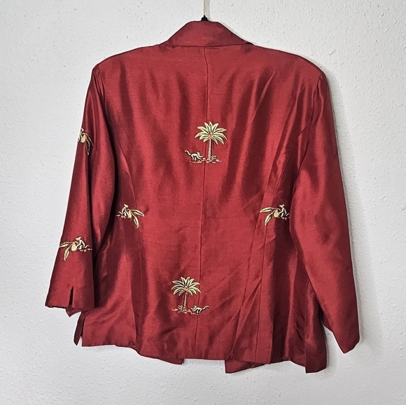 Silkland‎ Maroon Red Silk Blazer Womens 10 Embroidered Tropical Monkey - Picture 8 of 9